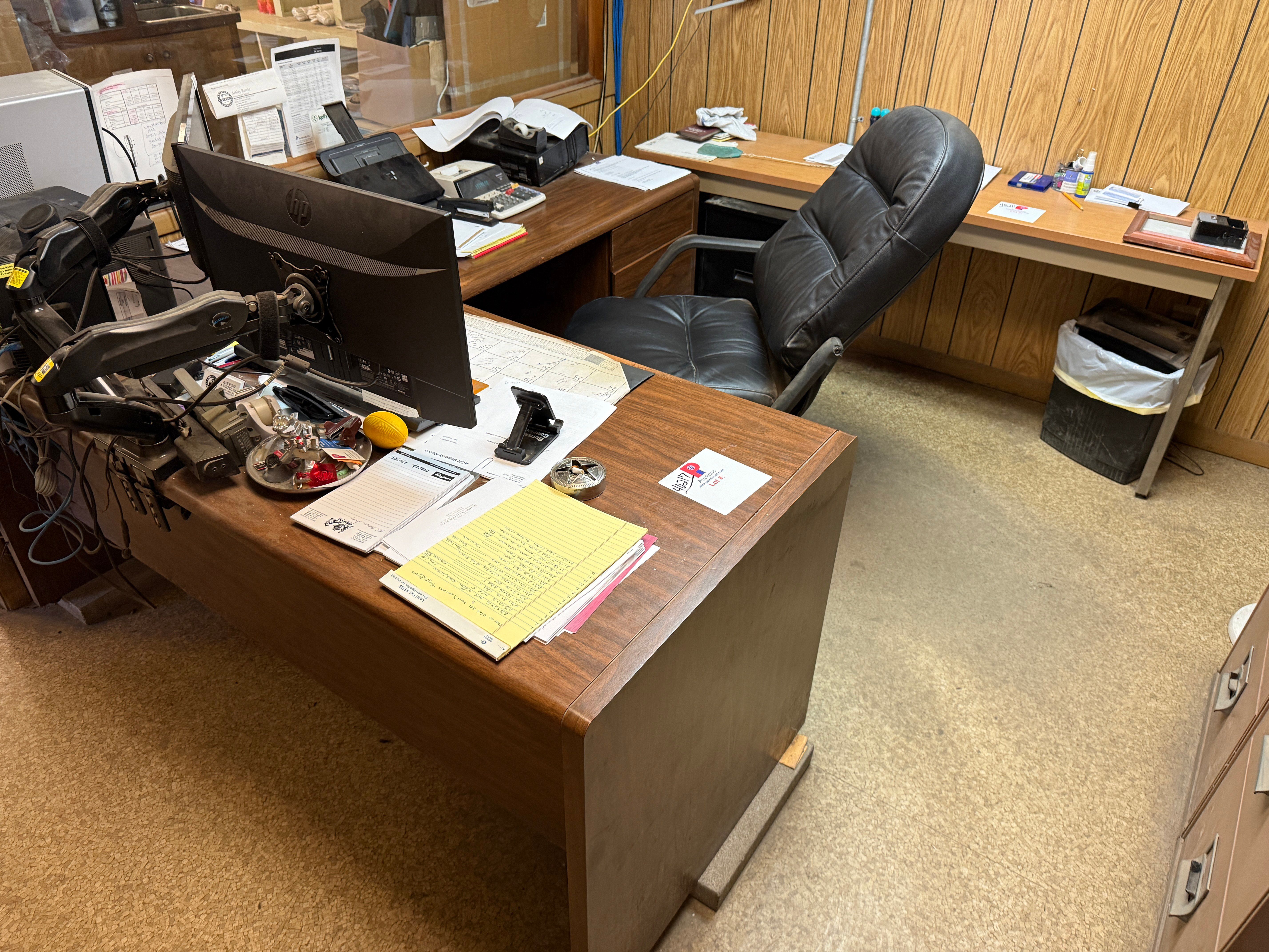 Used 5’ x 5’ L-SHAPE WOOD DESK, (1) 5’x2’ TABLE,CHAIR, & (3) SMALL FILING CABINETS
