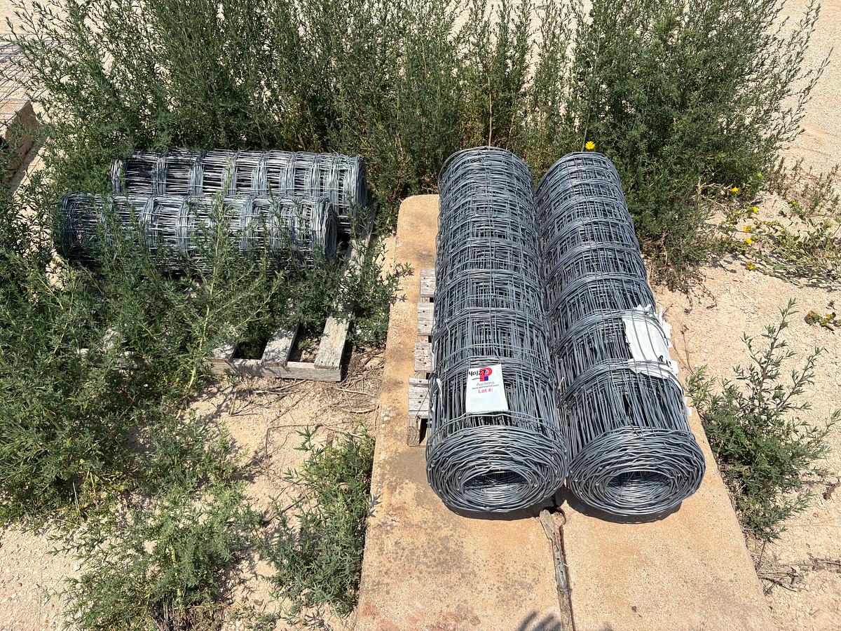 Used (2) rolls 330’ x 48” & (2) rolls of 330’ x 38” galvanized fence, assorted wooden posts, 3” poly pipe, etc