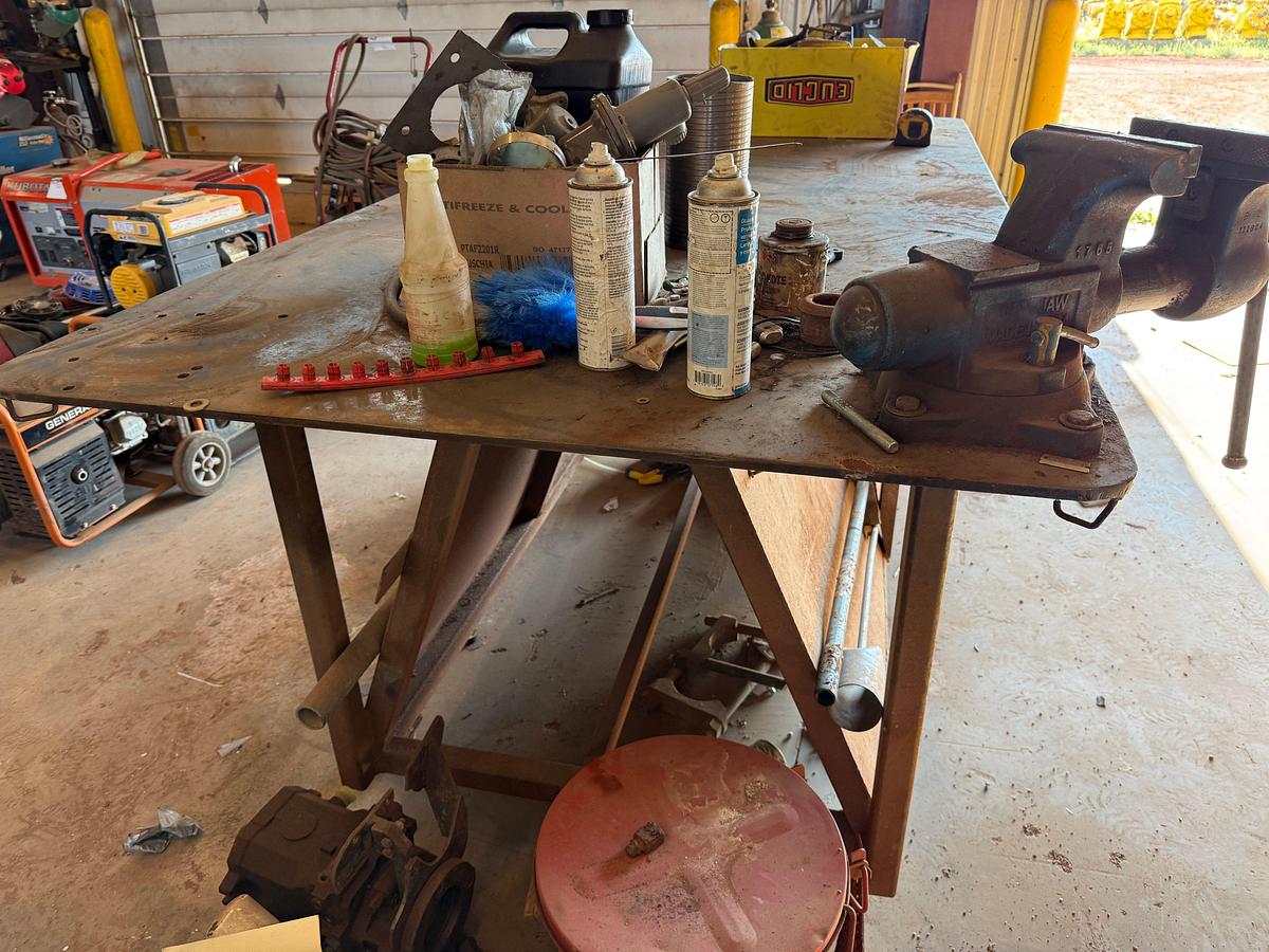 Used 8’ x 4’ x 3.4” ROLLING HD STEEL WORK TABLE W/ VICE & CONTENTS