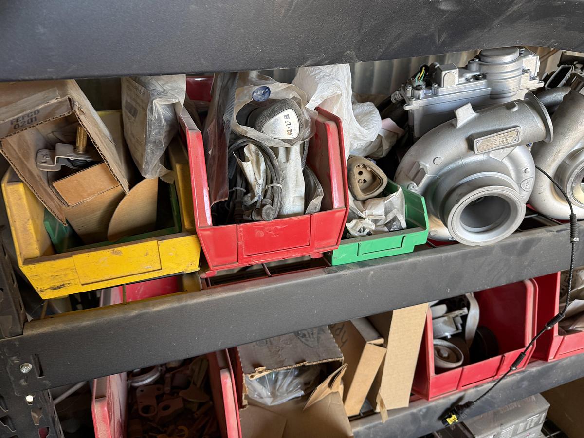 Used 77”L X 24”W X 78”H 4-SHELF RACK W/ ENGINE PARTS & RELATED