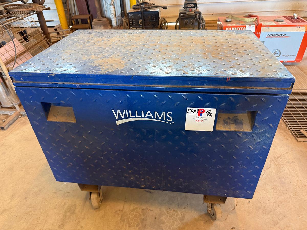 Used WILLIAMS 4’ x 2.6’ x 2.4’ ROLLING TOOLBOX FULL OF VARIOUS TOOLS