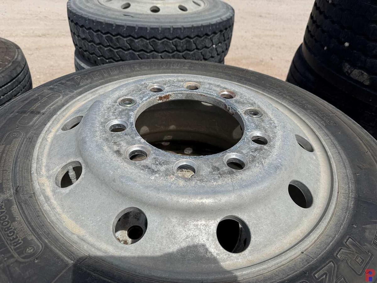 Used (8) 255/70R22.5 TIRES W/ ALUMINUM / STEEL BUD WHEELS