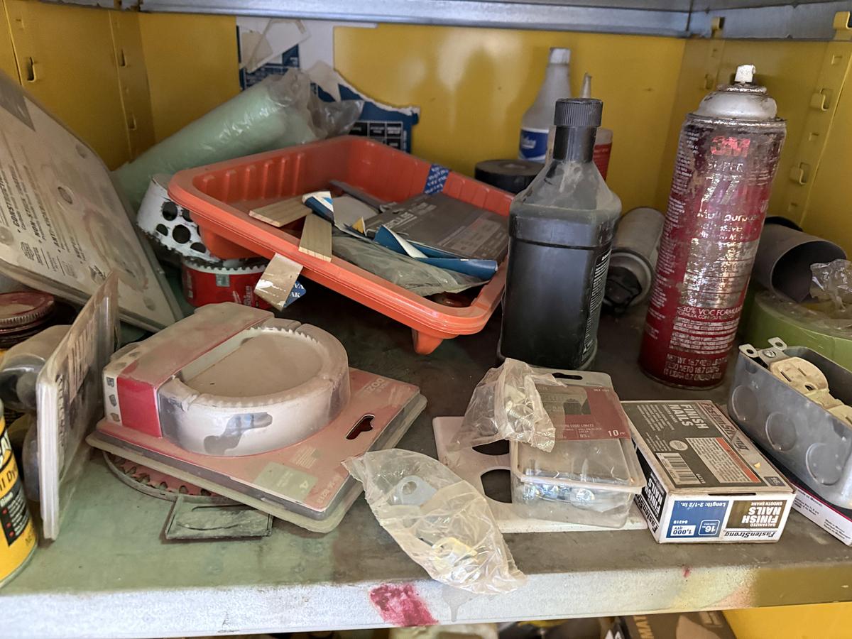 Used (1) 34”L X 34”L X 65”H FLAMMABLE LIQUID STORAGE CABINET & (1) 30”L X 15”W X 72”H 3-SHELF CABINET, ALL W/ TRUCK PARTS & PAINT