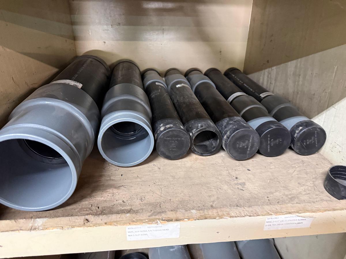 Used SECTION OF MOSTLY HEAVY WALL PVC COUPLINGS, EL’S, SOME STEEL & VICTAULIC TYPE, & (8) FLANGED BALL VALVES & RELATED