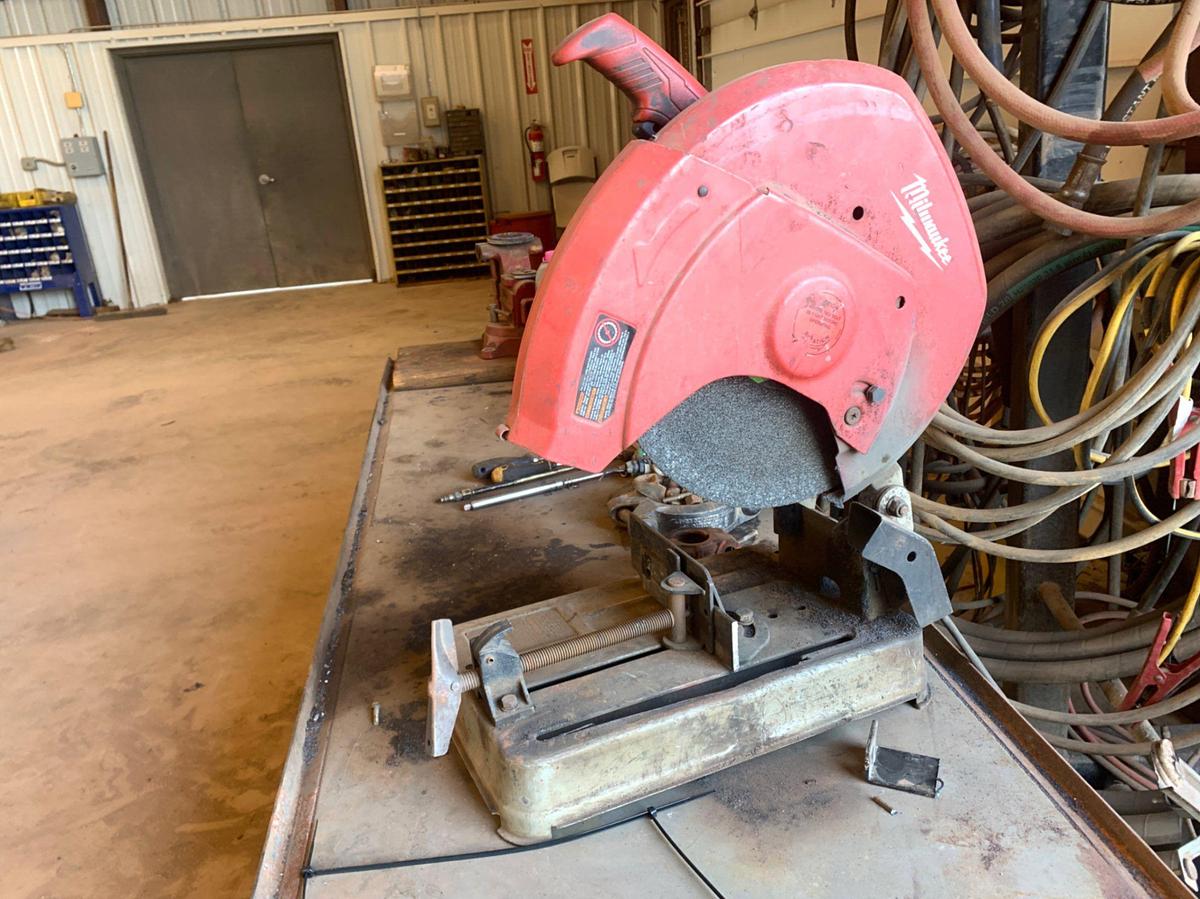 Used 7’ x 3’ x 2’ Shop Table w/ Wilton Vice and Milwaukee 12” Chop Saw and all its Contents