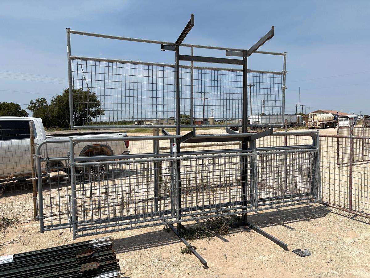 Used (4) 13.5’ x 4’ & (2) 15.5’ x 4’ gates w/ storage rack