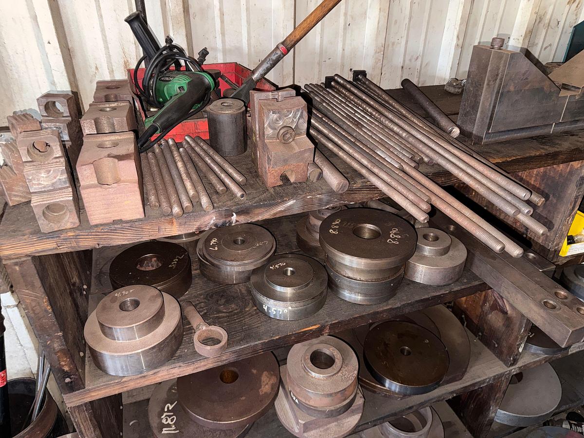 Used WALL W/ 3-ROW WOOD SHELF & CONTENTS OF MILLING MACHINE FIXTURES, ADAPTERS, & RELATED