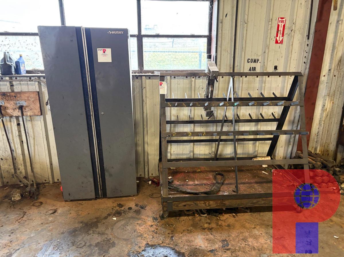 Used 5’ X 3’ X 4’ A-FRAME TOOL RACK & HUSKY 6’ STORAGE CABINET