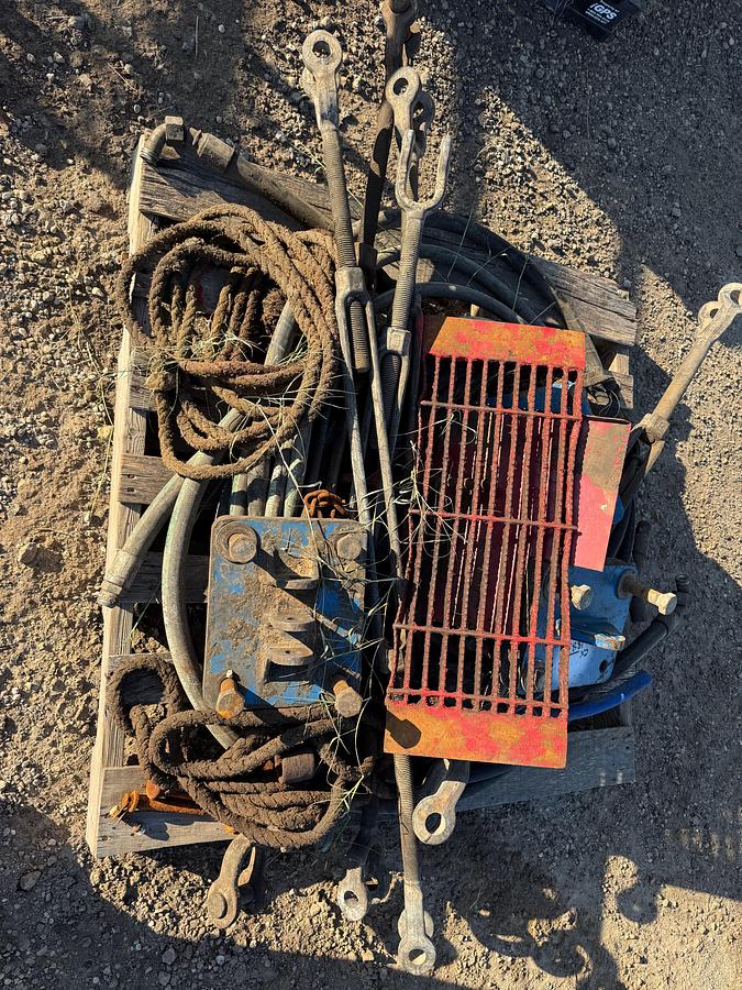 Used (2) PALLETS OF ASSORTED TURNBUCKLES, HYD HOSES, MOUNTING PLATES,(4) BKTS OF OIL, FLANGE STUDS & NUTS & RELATED