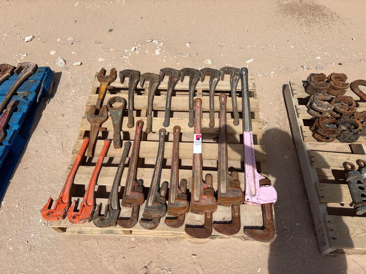 Used Pallet of (6) assorted pipe wrenches, (9) rod wrenches, & (2) rod tong backups