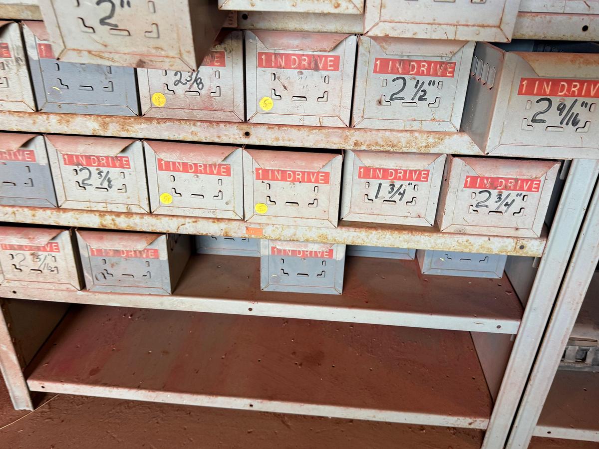 Used (2) 3’L X1 18”W X 7’H SHELVES W/ 110-BINS MOST FULL OF 1/2” THRU 1-1/2” DRIVE SOCKETS UP TO 2-3/4” SIZE