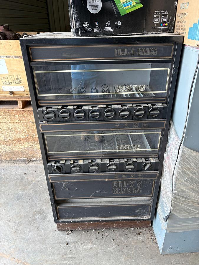 Used Dial-a-snack vending machine, 4-drawer filing cabinet, printers, & office supplies