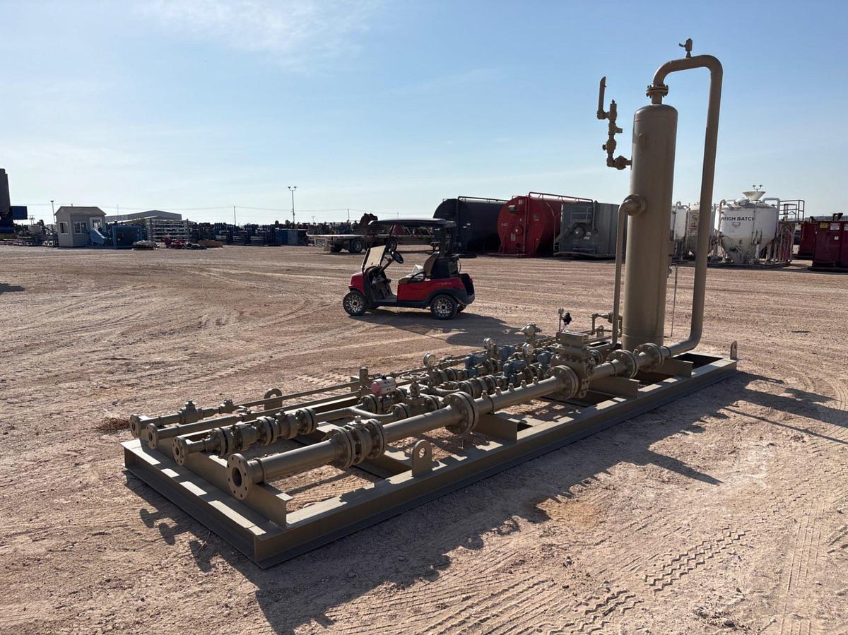 Used Edge industries 18”od x 7’6”H s/s vertical separator w/ manifold mtd on 20’ x 6’ skid
