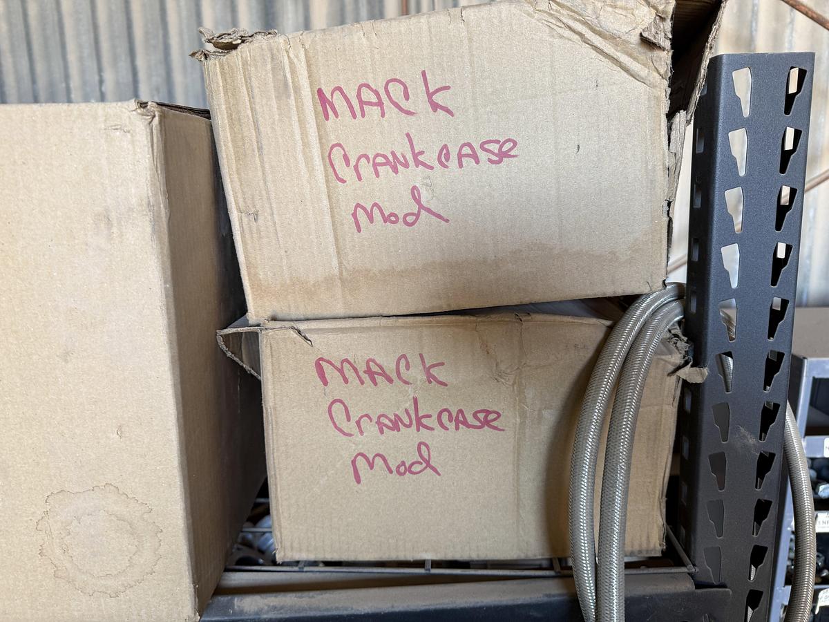 Used 77”L X 24”W X 78”H 4-SHELF RACK W/ ENGINE PARTS & RELATED