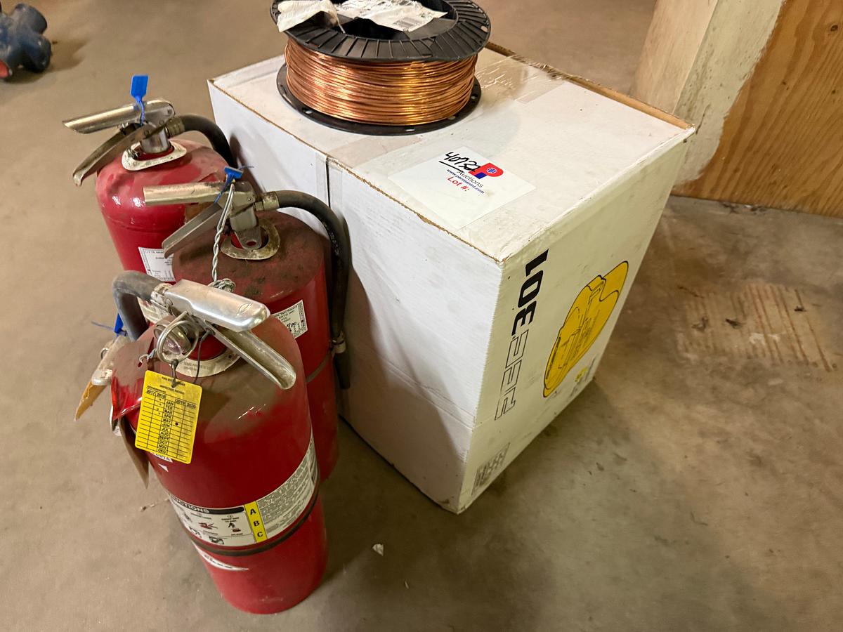 Used LOT W/ (1) 500 FT. SPOOL OF CU BARE 8 SOL SD 500S COPPER WIRE, (1) PCC301 ENVIRONMENTAL DRIP POT, (4) FIRE EXTINGUISHERS