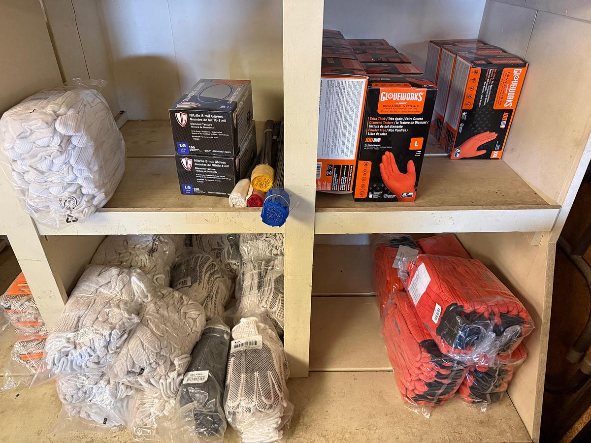 Used WALL SECTION (14) BOXES OF NITRILE GLOVES, (200+) PAIRS G-GRIP GLOVES, BLAKC DOT GLOVES, FLAME RESISTANT, ANIT-SEIZE, & RELATED