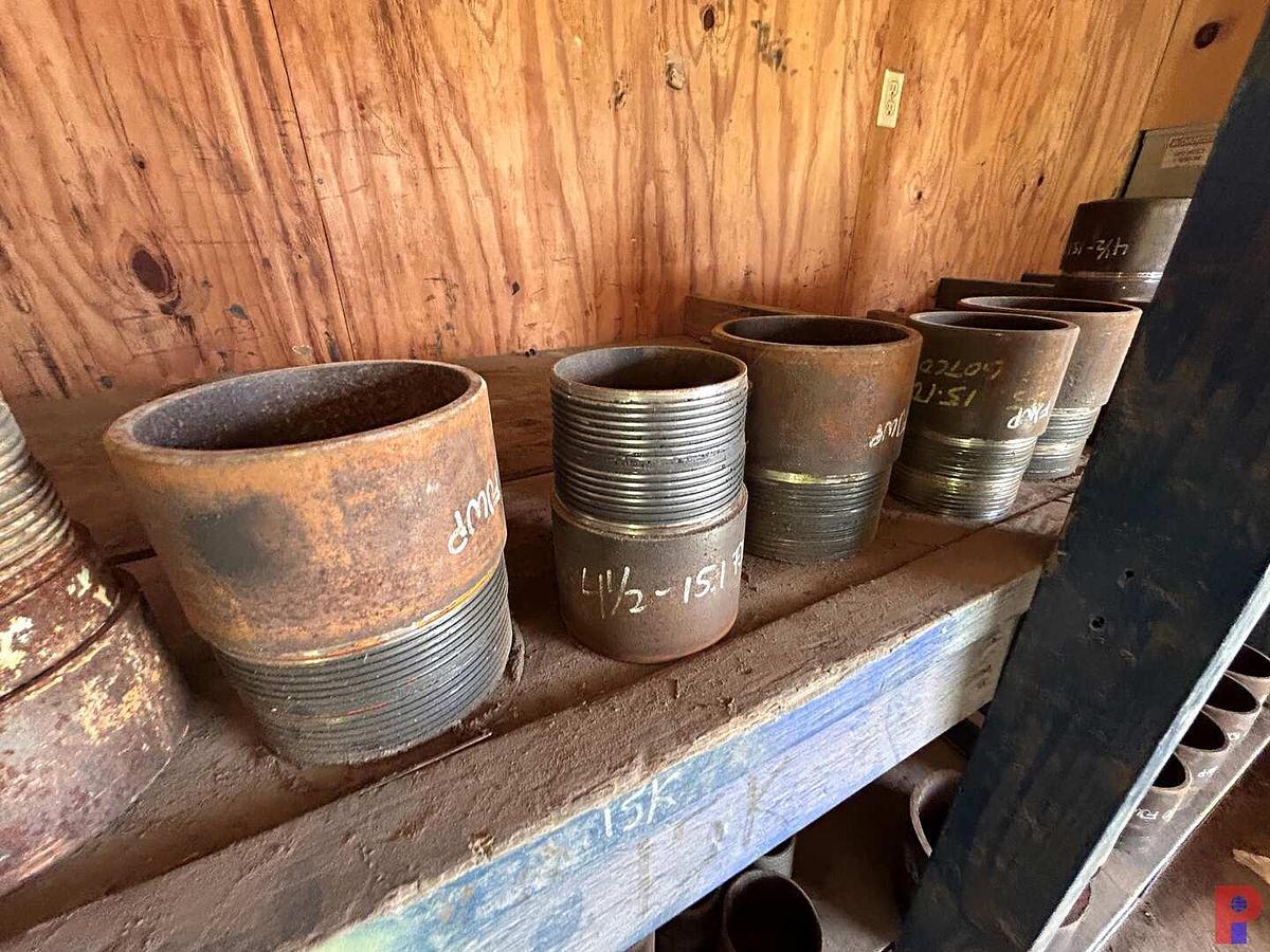 Used 2-SHELVES W/ (60 +) 1-1/2” - 8” STEEL THREAD PROTECTORS