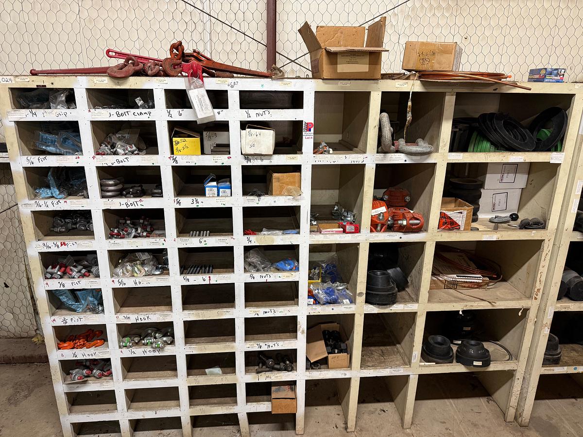 Used SECTION OF (50+)1/4” THRU 3/8” FIST GRIP U-BOLT CLAMPS, CHAIN HOOKS & BINDERS, SOME VICTAULIC COUPLINGS, ROD STRIPPER RUBBERS