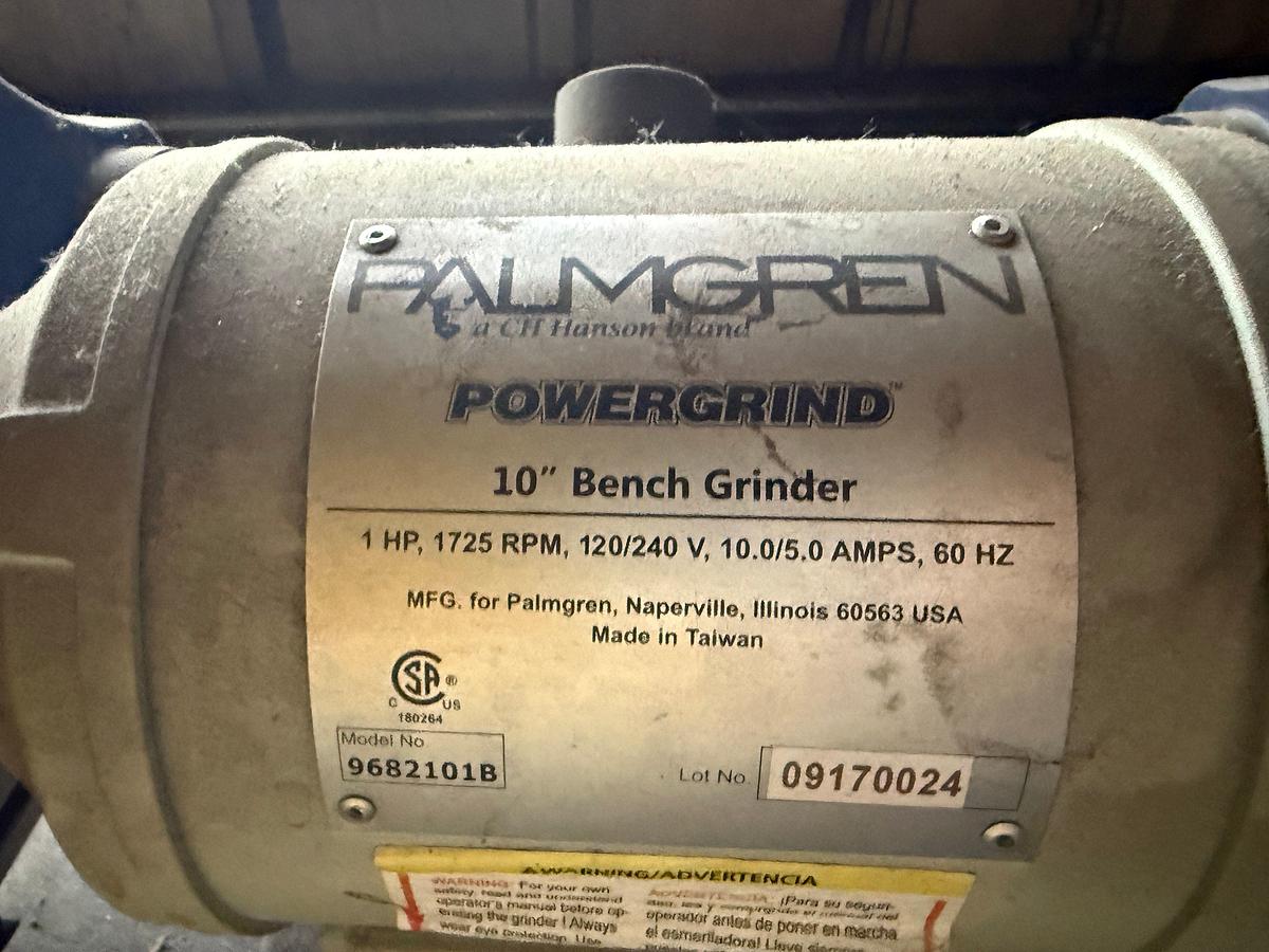 Used LOT W/ (1) PALMGREN 10” BENCH GRINDER, (1) DEWALT 14” CHOPSAW, & 5’x2’x3’ WORK BENCH