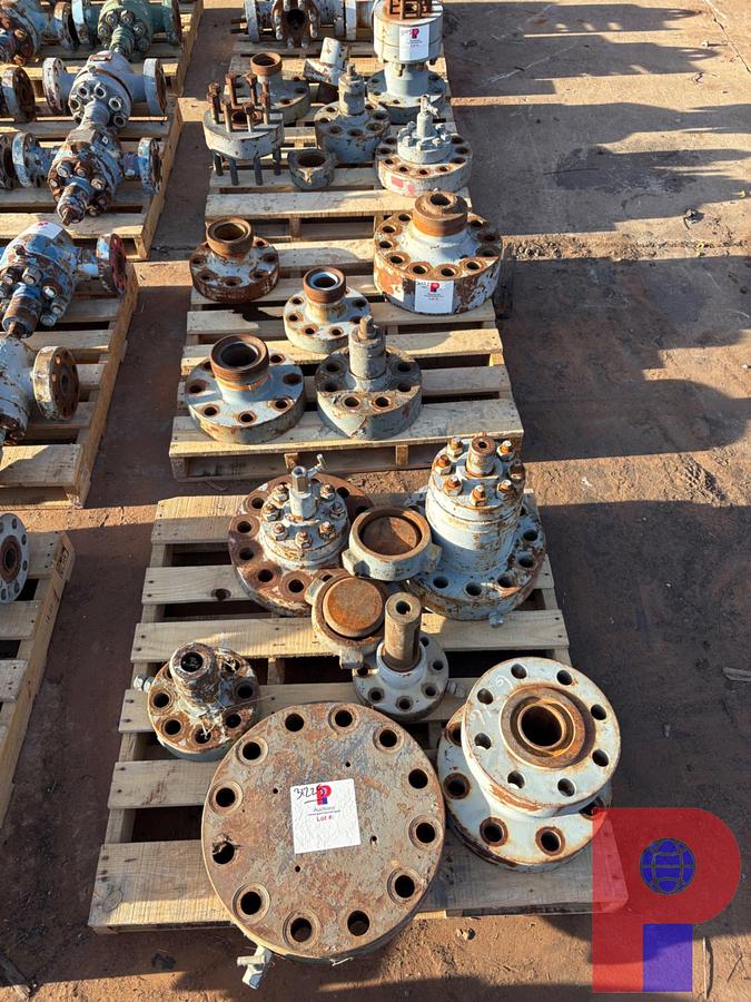 Used (3) PALLETS OF ASSORTED VALVE STEM FLANGES, BONNET FLANGES, STEM PROTECTORS, DSA, & (1) ADAPTER SPOOL