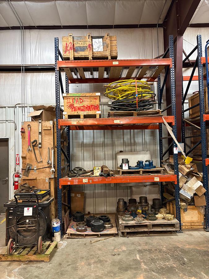 Used Contents of (4 shelves) w/ assorted weco flanges, stud bolts, gate valve handles, casing hangers, etc.