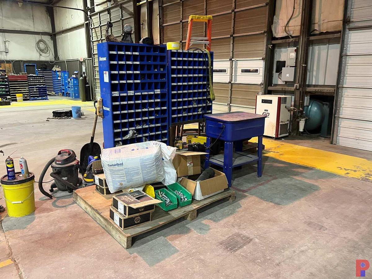 Used LOT OF ASSORTED HAND TOOLS, SHOP TOOLS, BOLT BINS, SHOP VACS ETC.