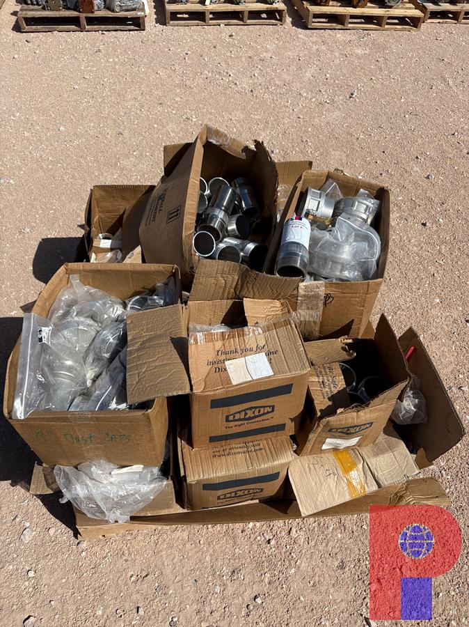 Used PALLET OF ASSORTED HOSE FITTINGS, DUST PLUGS, SMALL BALL VALVES