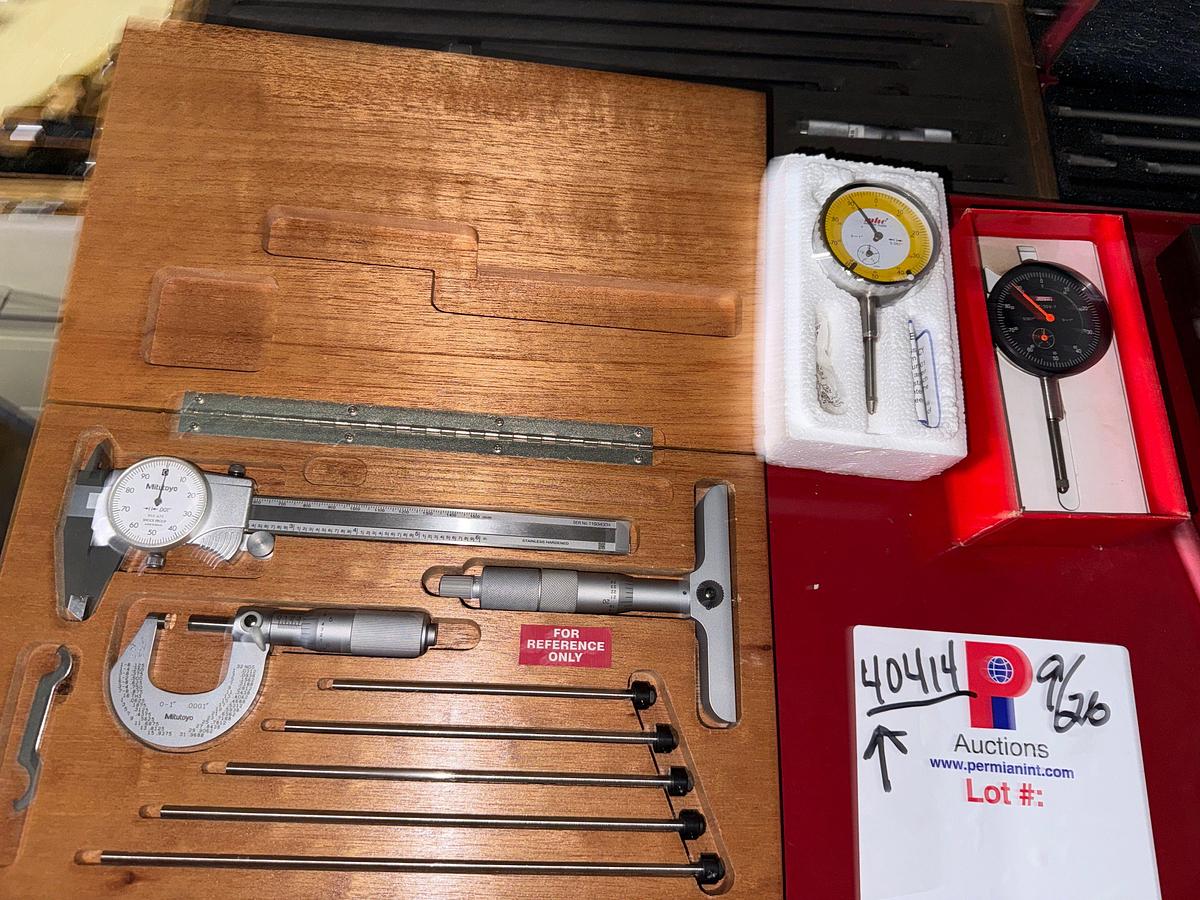 Used SECTION OF (6+) OD MICROMETERS , (7+) DEPTH GAUGES, GAUGE BLOCKS & ARMS, (4) DRAWER ROLLING TOOLBOX
