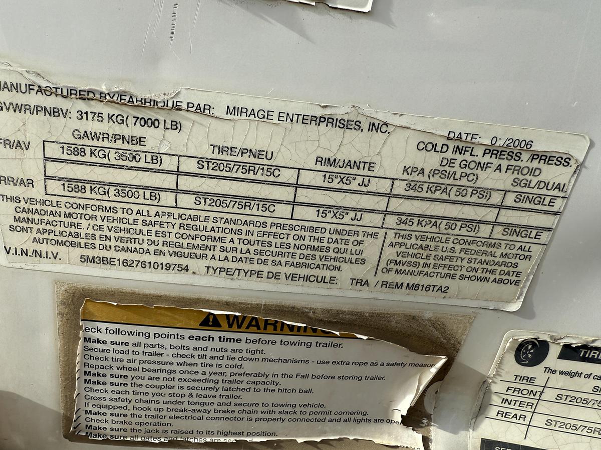 Used 2006 MIRAGE TRAILERS 16’ T/A BUMPER PULL DOGHOUSE TRAILERS