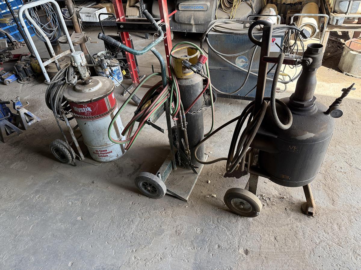 Used PNEUMATIC GREASE GUN & 120 LB CAP. BARREL W/ DOLLEY, (1) OXYGEN & ACETYLENE CART, (1) SHOP BUILT AIR TANK SPRAYER