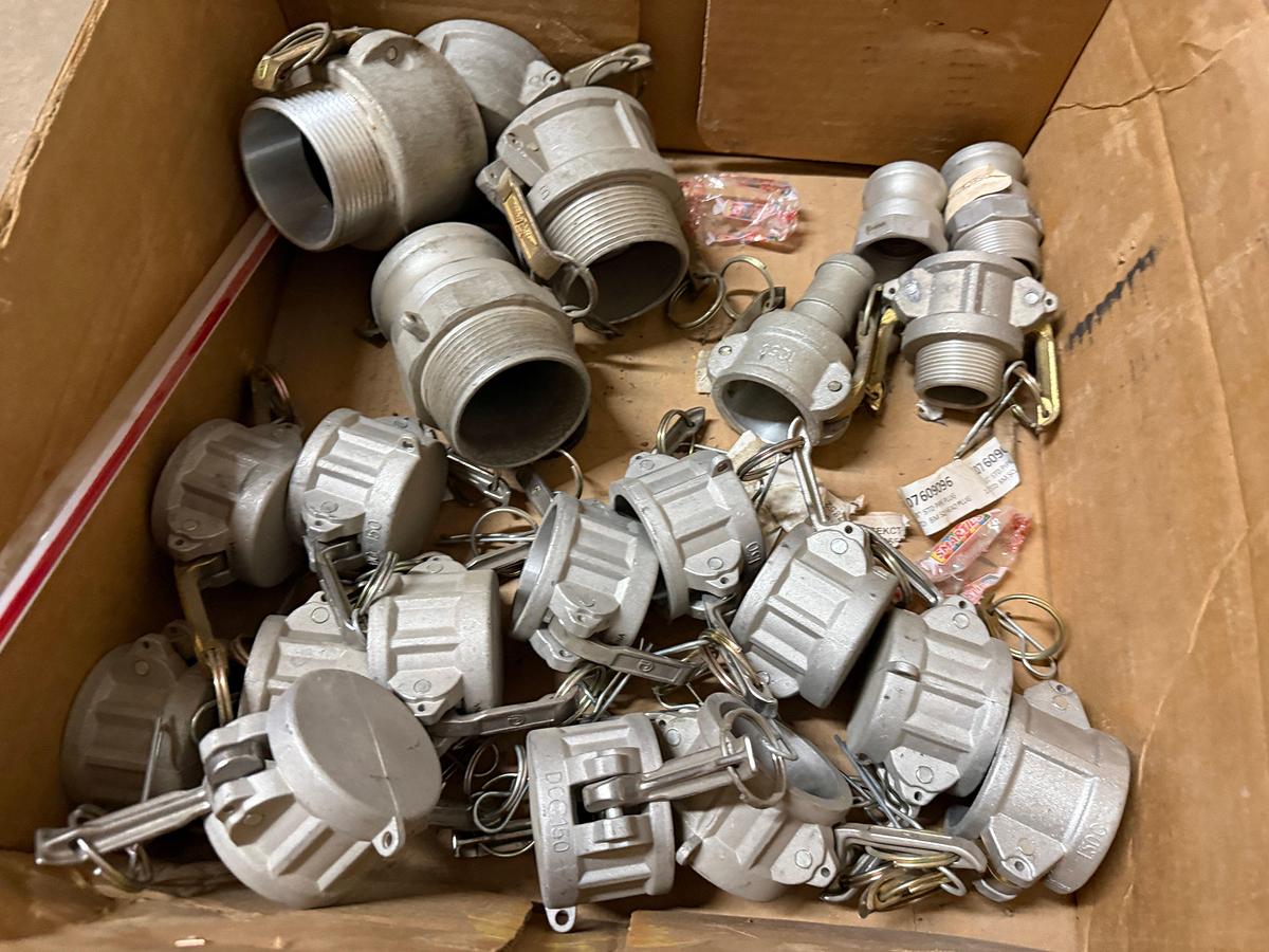 Used Section of  MOSTLY Global Filter industrial filter cartridges (part number GRU-V75N9.75, quantity 100+), Box of Camlock Fittings