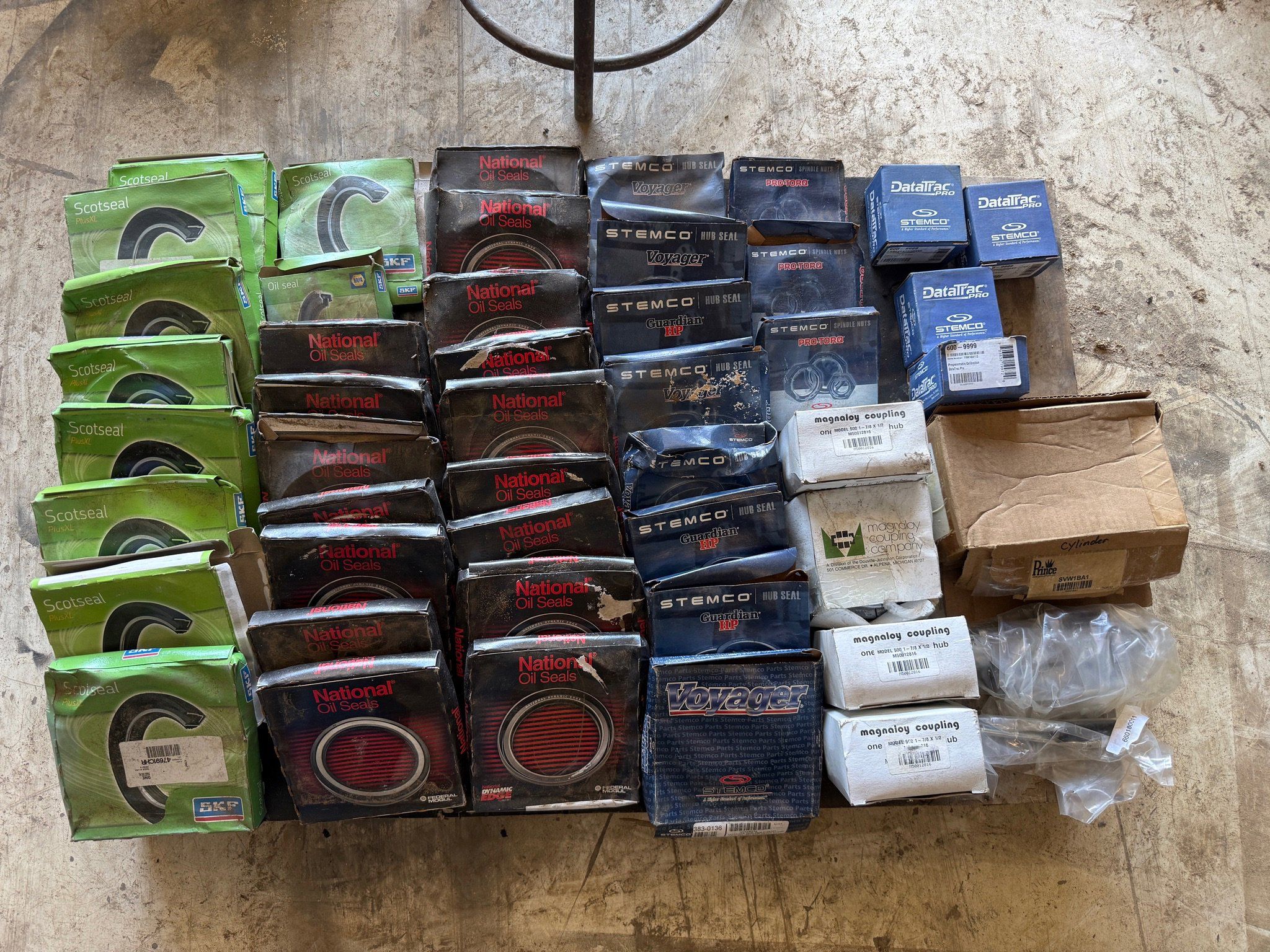 Used Pallet of assorted National Seals, Stemco Hub Seals, Magnaloy Couplings, Data Trac Pro-Mileage Counters, & Related