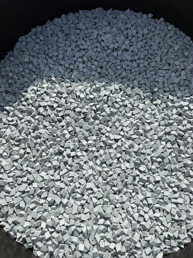 Used (3) 55 gallon drums of Triangular Ceramic Abrasive Polishing Tumbling Media. Approximately 700 lbs. in each drum.