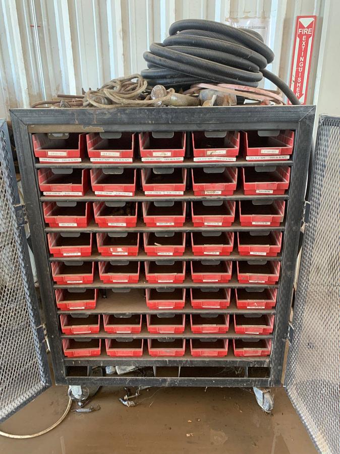 Used Schneider Electric OP Crimper Machine w/ (2) 8 Row Roll Around Bins and Hydraulic Fittings