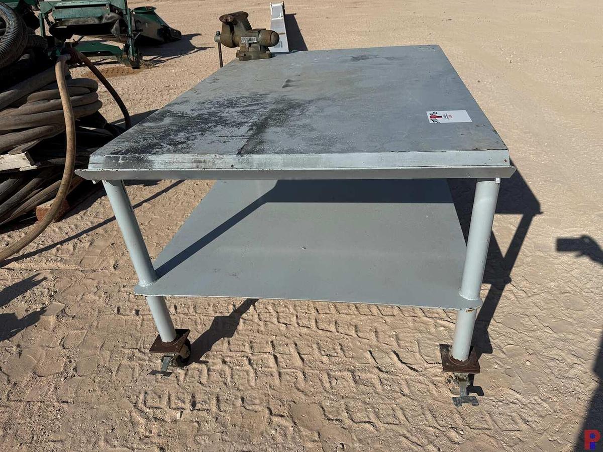 Used 6’ L X 4’ W X 3.3’H ROLLING WORK TABLE W/ WILTON 6-1/2” VICE