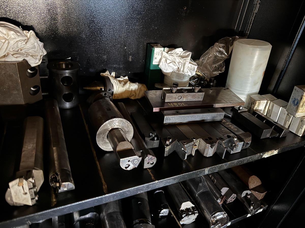 Used CABINET w/ 30+) CNC LATHE CUTTING TOOLS, ADAPTERS, JAWS, BARS, & RELATED