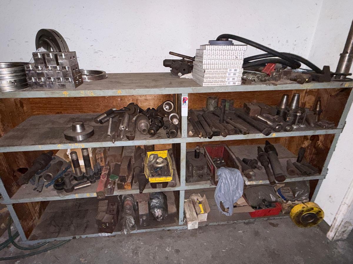 Used 8’x2’x4’ 3-ROW WOOD SHELF W/ CONTENTS OF CUTTING TOOLS, DRILL BITS & CHUCKS, MACHINING RELATED ADAPTERS