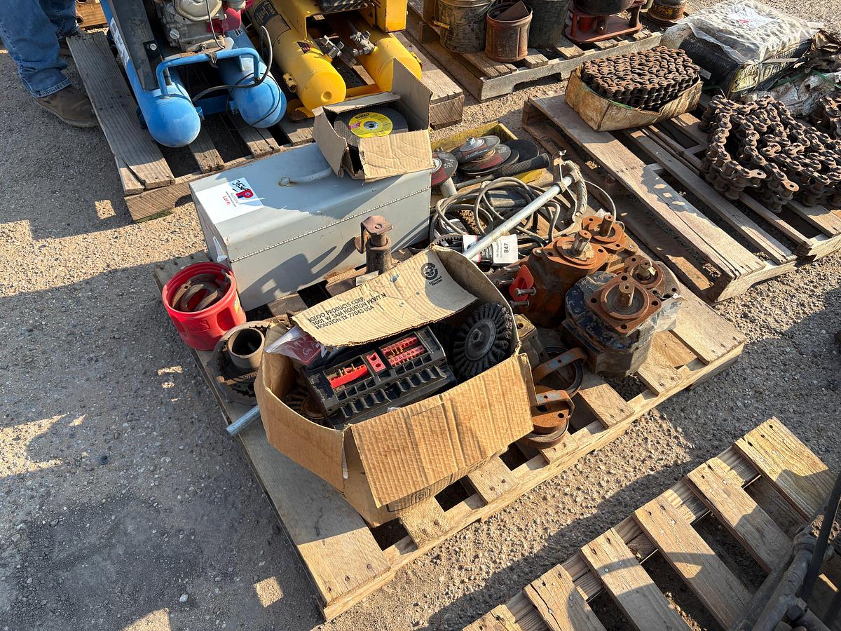 Used Pallet w/ assortment of wire wheels, grinding & cutting wheels, (5) hydraulic motors, toolbox, etc