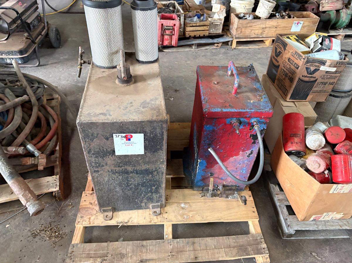 Used (2) fuel tanks & (2) pallets of assorted hoses, air filters, & oil filters