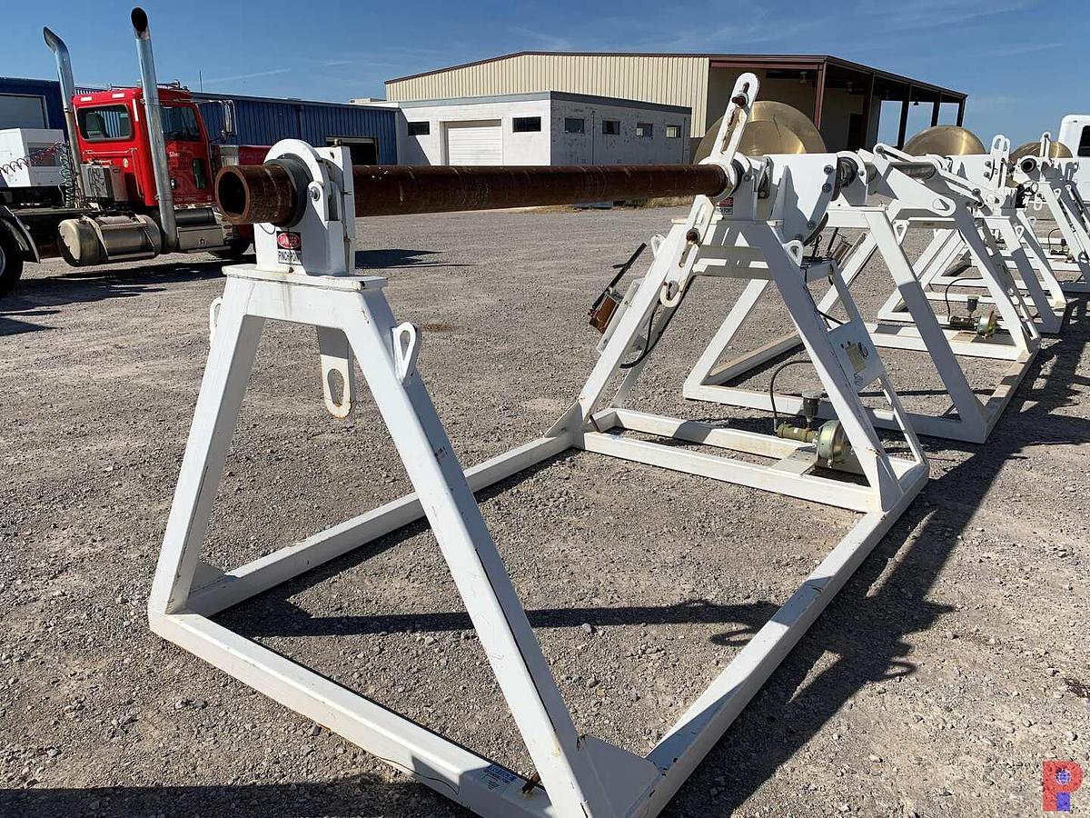 Used 94”W X 5’H REEL STAND W/ 28” DUAL CALIPER HYDRAULIC HAND BRAKE