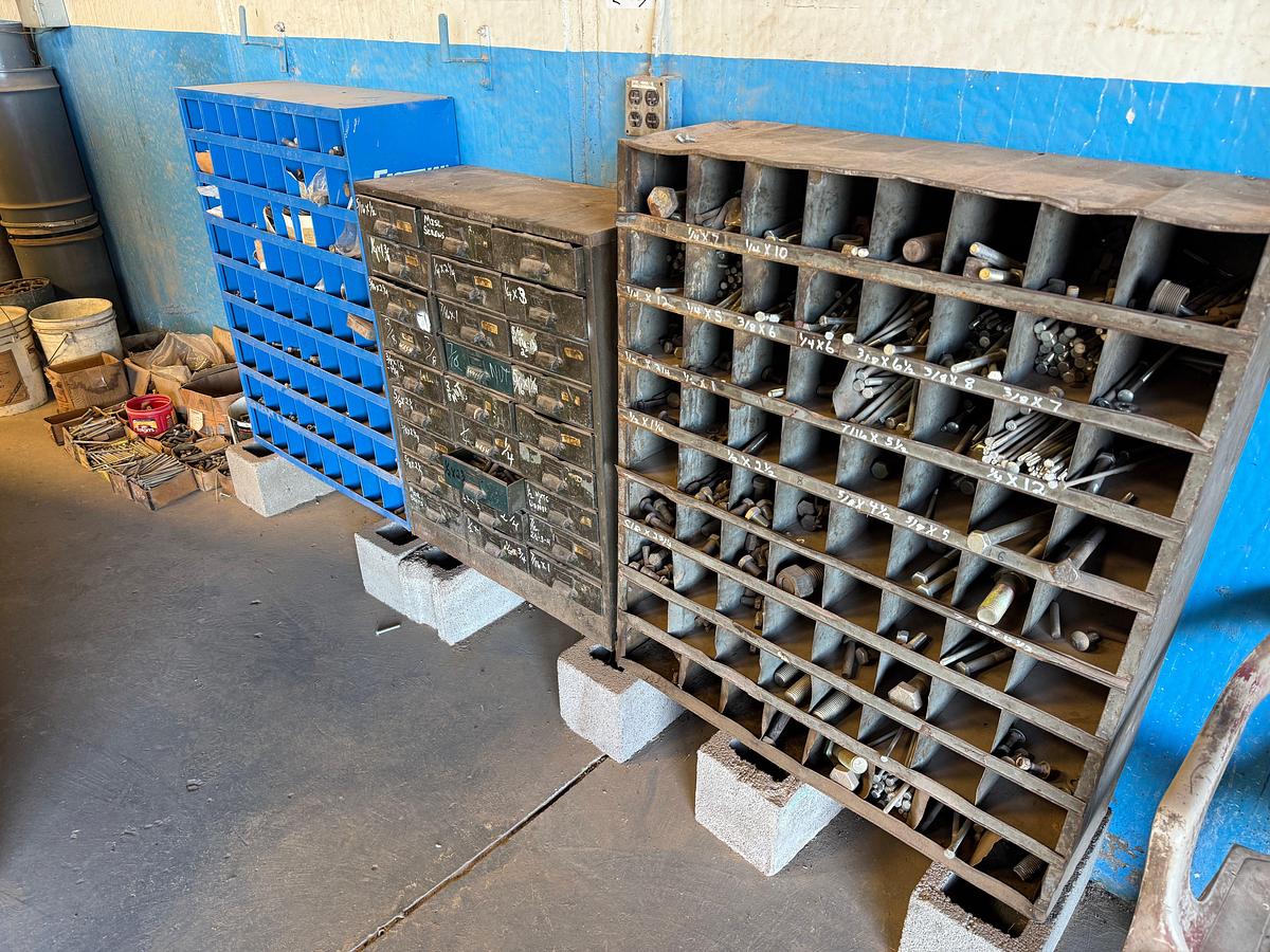 Used SOUTH WALL SECTION W/ (3) BOLT BINS & PULL-OUT DRAWERS, (10+) BOXES, (3) BUCKETS OF VARIOUS BOLTS, NUTS, & SCREWS