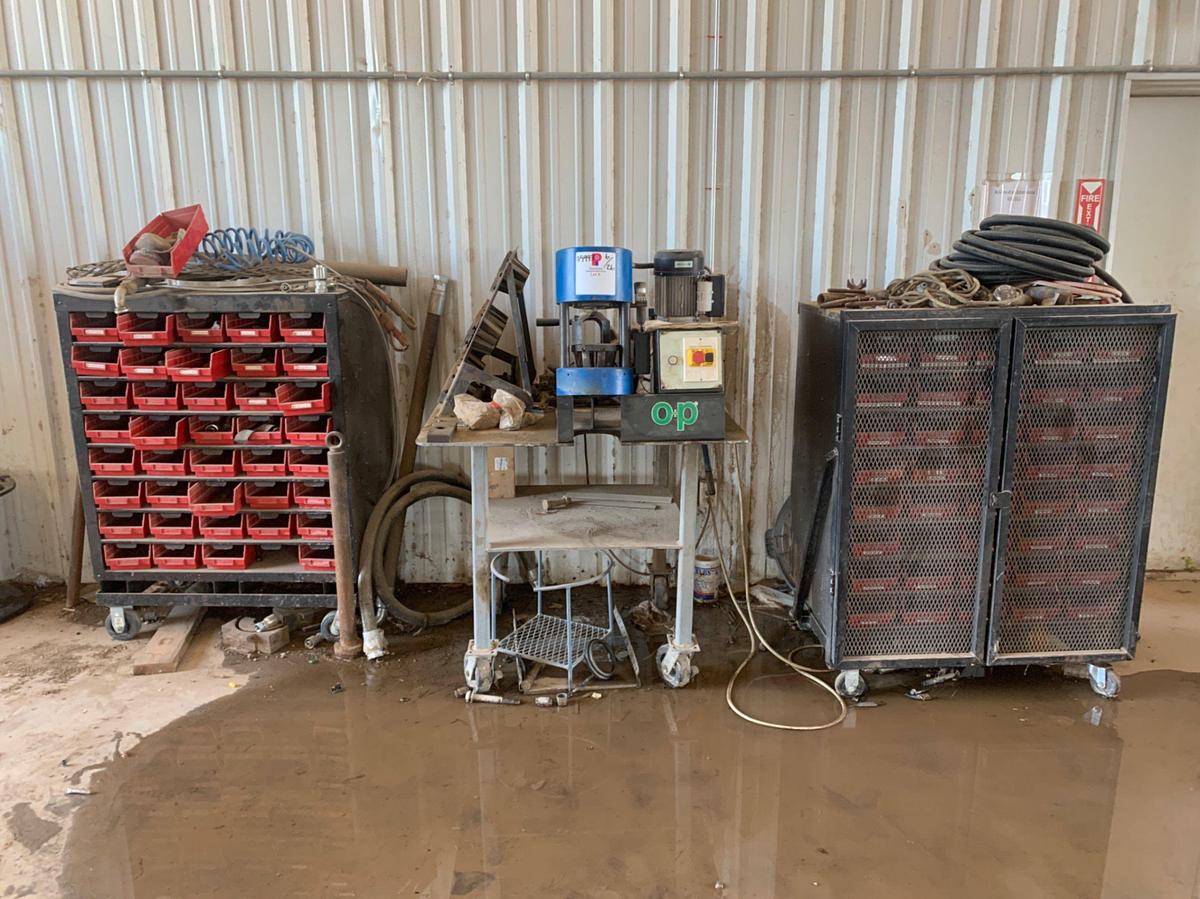 Used Schneider Electric OP Crimper Machine w/ (2) 8 Row Roll Around Bins and Hydraulic Fittings