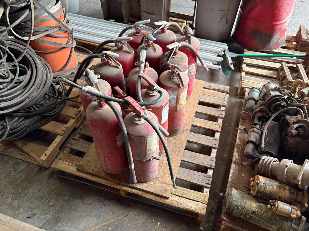 Used (3 pallets) of assorted pulley/drive belts, engine starters & fire extinguishers