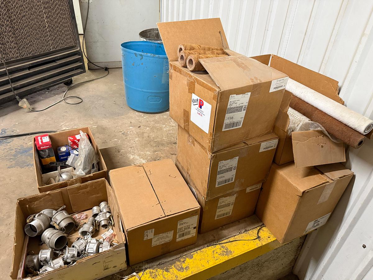 Used Section of  MOSTLY Global Filter industrial filter cartridges (part number GRU-V75N9.75, quantity 100+), Box of Camlock Fittings
