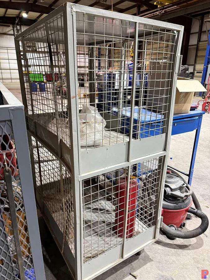 Used (2) WIRE MESH ROLLING CART STORAGE BINS, STAND UP METAL DESK, SHOP VAC, HOSE CLAMPS