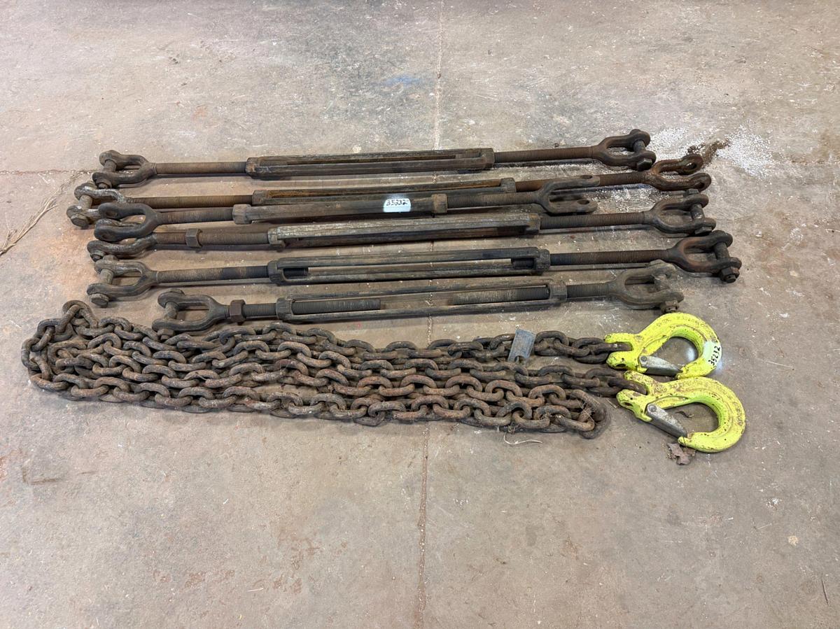 Used (6) Guide Wire Turn Buckles & 20’ of 1” Chain