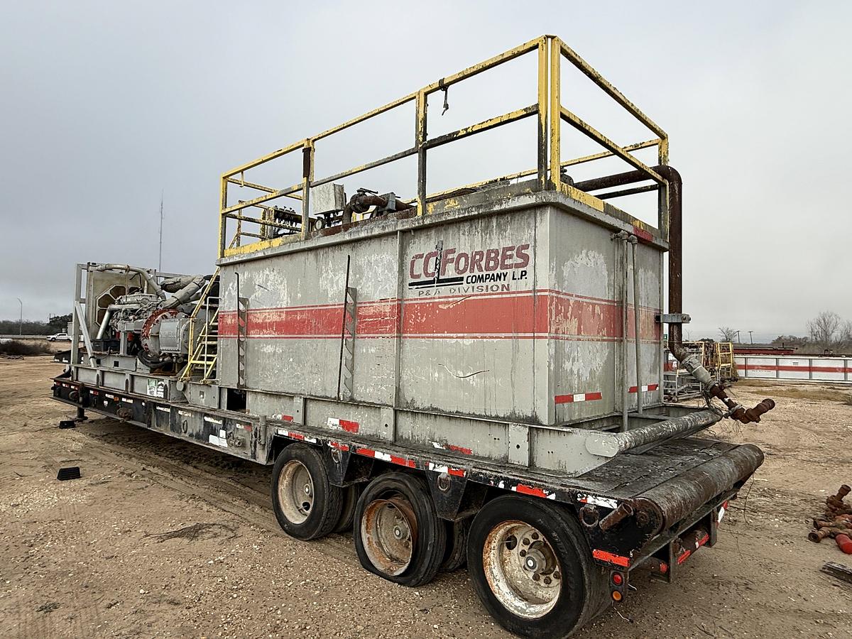 Used OILWELL SA634-5 10K WP TRIPLEX CEMENT PUMP UNIT P/B DETROIT SERIES 60 SKIDDED MTD ON 2007 LUFKIN TRI AXLE NARROW NECK LOWBOY