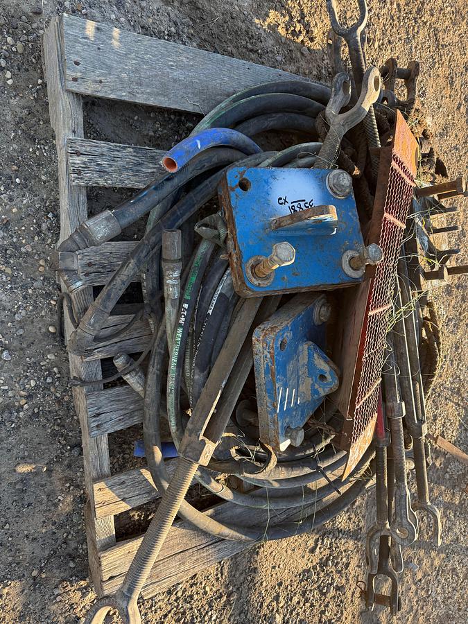 Used (2) PALLETS OF ASSORTED TURNBUCKLES, HYD HOSES, MOUNTING PLATES,(4) BKTS OF OIL, FLANGE STUDS & NUTS & RELATED