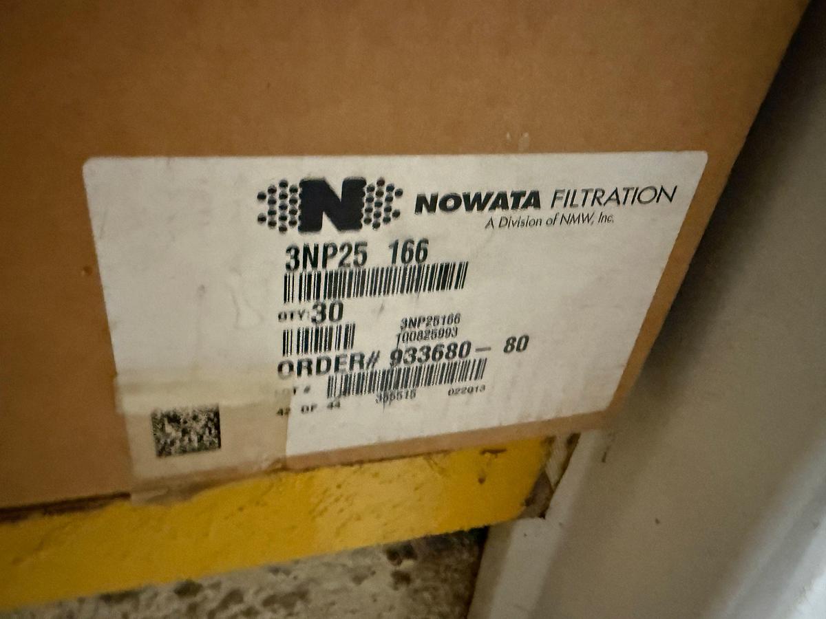 Used Section of  MOSTLY Global Filter industrial filter cartridges (part number GRU-V75N9.75, quantity 100+), Box of Camlock Fittings
