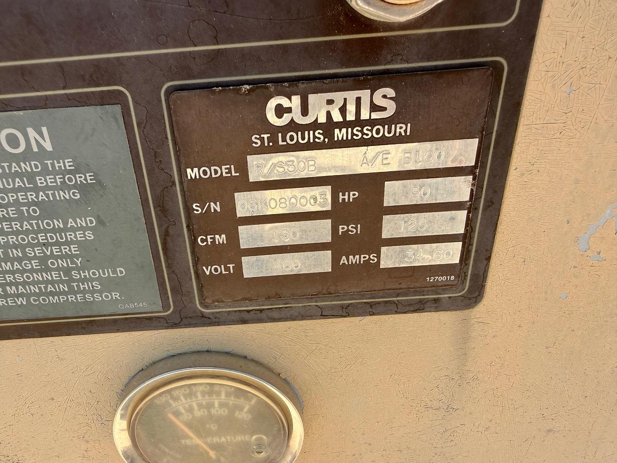 Used CURTIS-TOLEDO MODEL R/S30B, 130-CFM / 125-PSI ROTARY SCREW INDUSTRIAL AIR COMPRESSOR P/B 30-HP ELECTRIC MOTOR MTD ON SKID